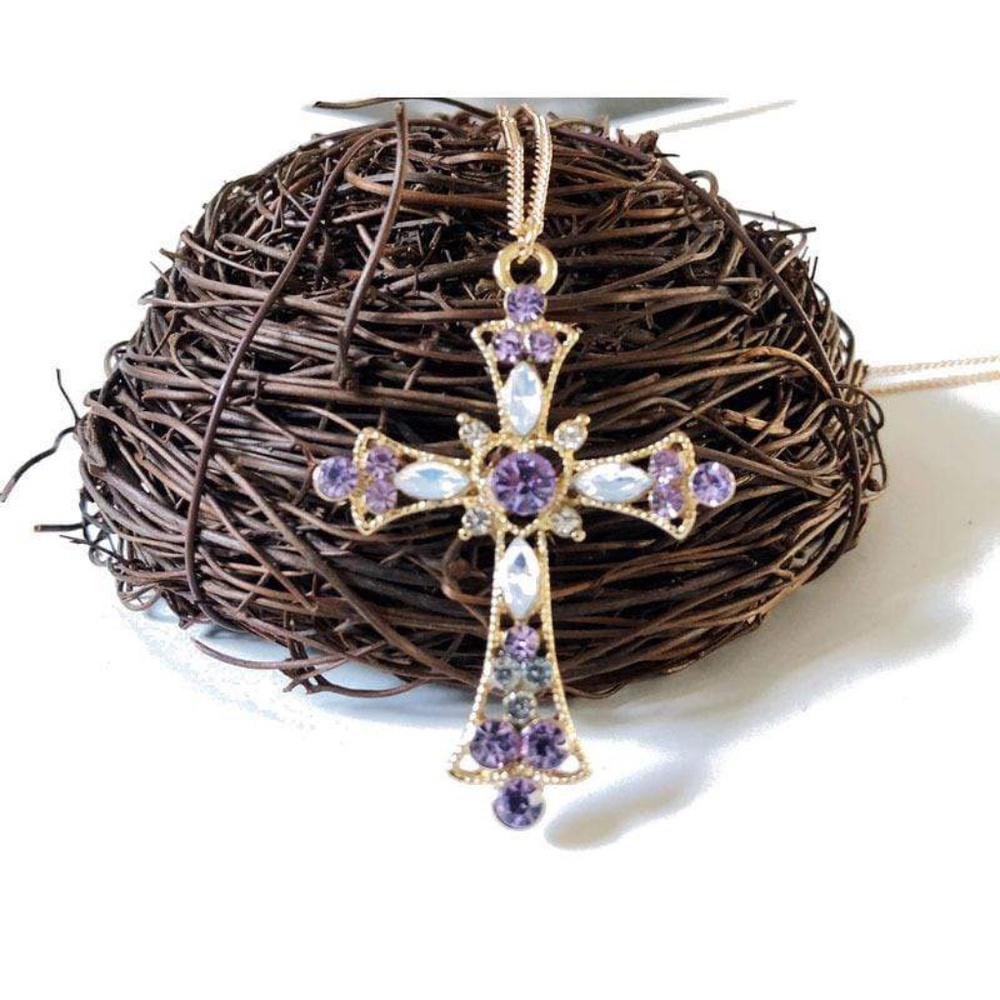 Womens Gold Chain Necklace Gold & Purple Cross Pendant - Picture 2 of 5